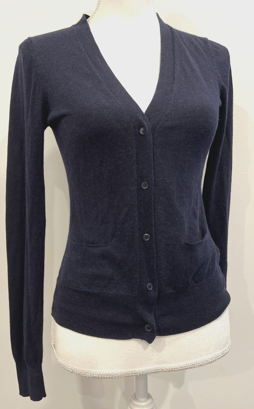 Massimo Dutti Cardigan Sweater M Navy Blue Silk Cashmere Cotton Blend Academia